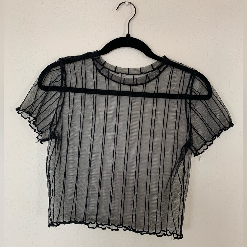 Forever21 Crop Mesh Sheer Stripped Top Black